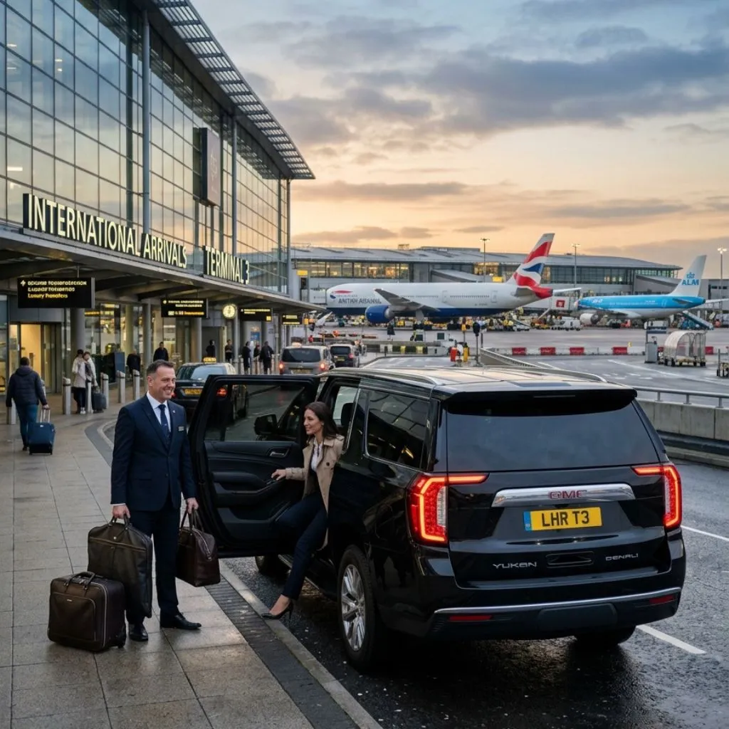 Toronto airport limo service with luxury sedan outside airport terminal for transfers