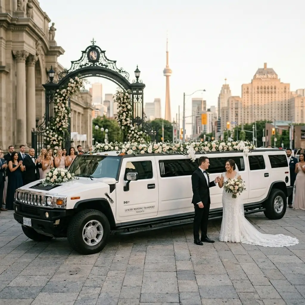 Luxury wedding Hummer limousine service in Toronto with bride and groom arriving at elegant venue